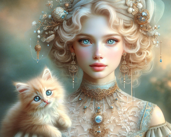 Portrait of a Young Woman with Kitten and Gown