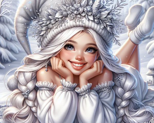 Cheerful Woman in Snowy Landscape with Cozy Attire