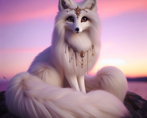 Majestic white fox on rocky ledge at sunset