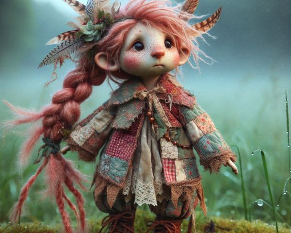 Whimsical creature in a misty forest with patchwork attire