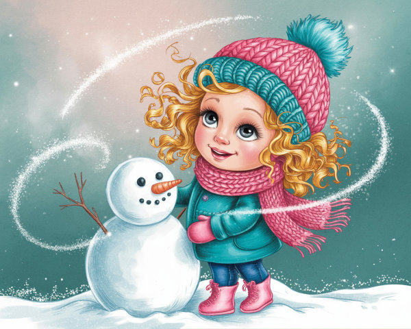 Cheerful Girl and Snowman in Winter Landscape