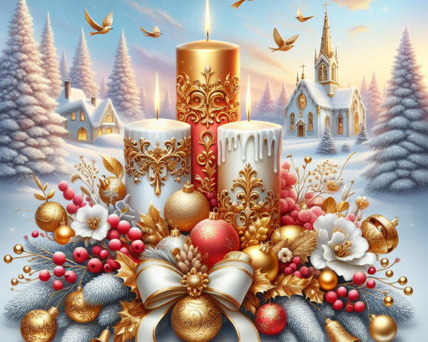 Winter Landscape with Snowy Forest and Candles