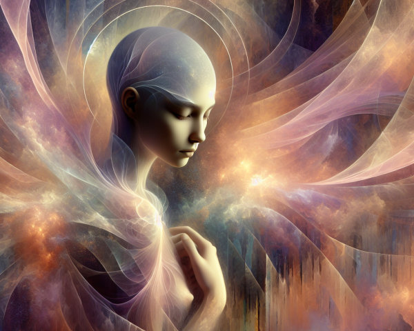 Humanoid Figure in Ethereal Colorful Environment