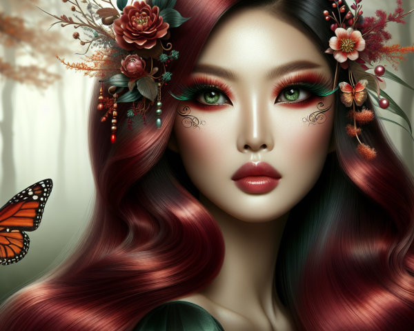 Portrait of a Woman with Colorful Hair and Forest Background