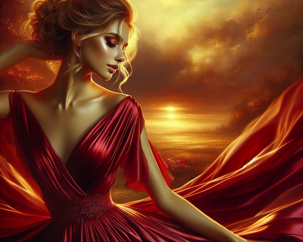 Woman in Red Gown Against a Sunset Landscape