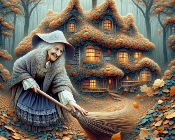 Elderly Woman Sweeping Leaves by Fairy-Tale Cottage