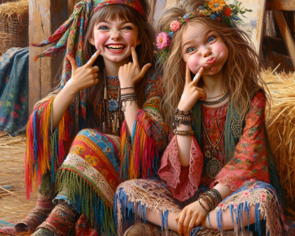 Joyful Girls in Bohemian Outfits in Rustic Barn Setting