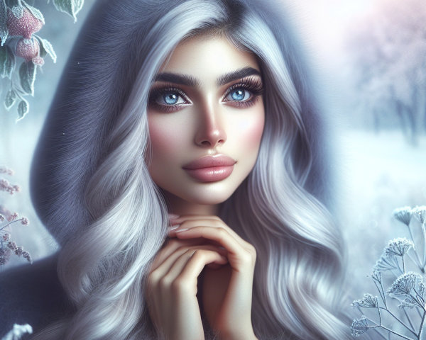 Young woman in grey coat in serene winter landscape