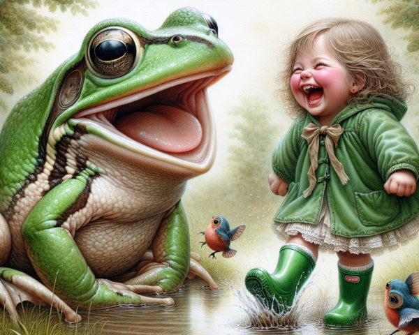 Cheerful Girl Splashing in Puddle with Friendly Frog
