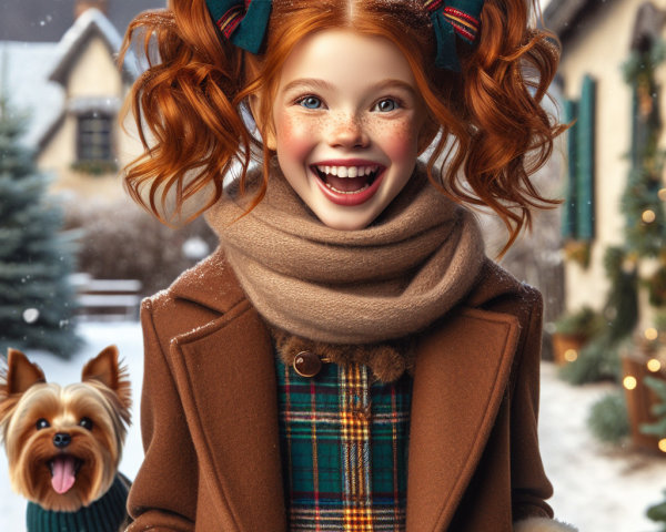 Cheerful girl with red hair in snowy winter scene