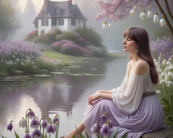 Serene Lake Scene with Young Woman in Lavender Dress