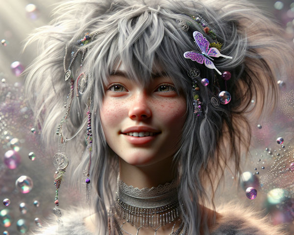 Whimsical Character with Silvery Hair and Bubbles