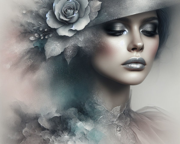 Ethereal Woman in Silver Makeup and Floral Hat