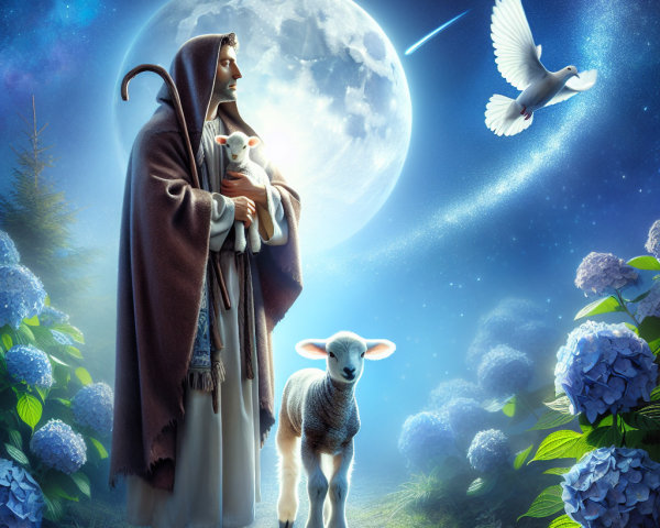 Shepherd with Lambs Under Moonlit Sky and Hydrangeas
