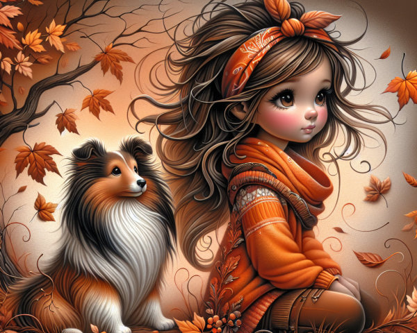 Young girl in orange sweater with collie in autumn leaves