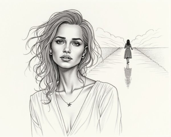 Monochrome Illustration of Woman with Flowing Hair