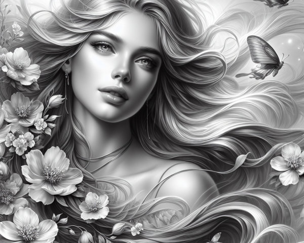 Monochromatic Artwork of Woman with Flowers and Butterflies