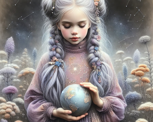 Ethereal Girl with Silver Hair and Globe in Pastel Dress