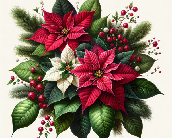 Vibrant Poinsettia Arrangement with Festive Elements