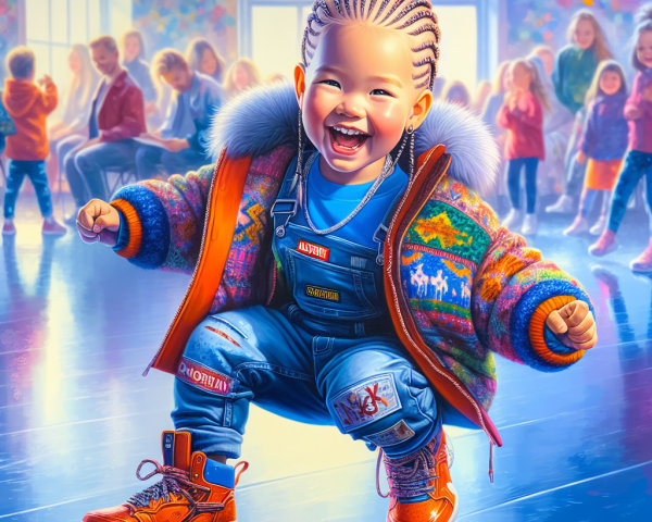 Joyful Child in Colorful Sweater and Overalls