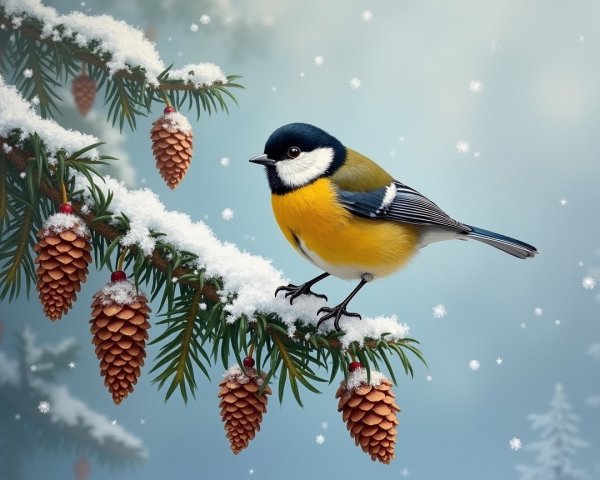 Vibrant Blue and Yellow Bird in Snowy Winter Scene