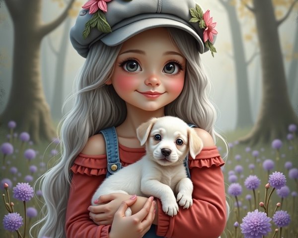 Young girl with gray hair and puppy in forest setting