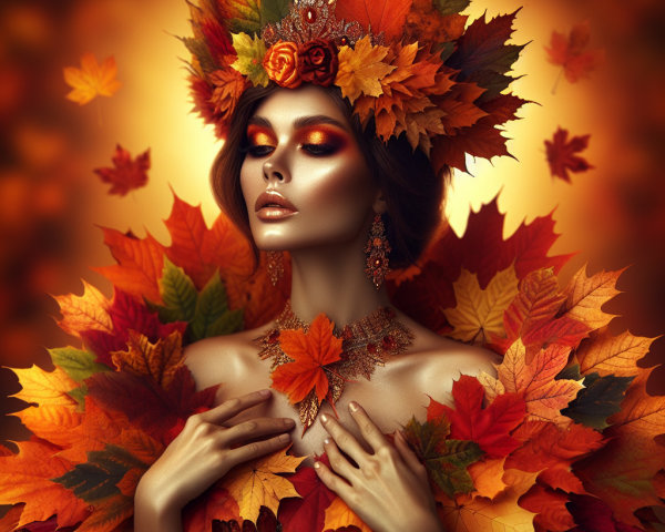 Regal Figure with Autumn Leaves and Flowers Background