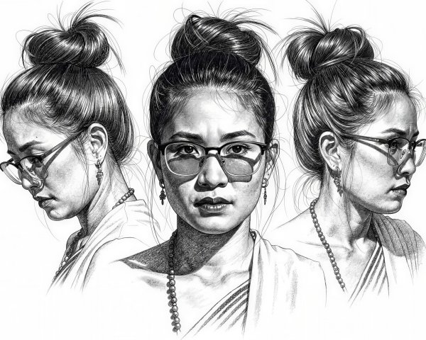 Graphite Pencil Drawing of Three Portraits of a Woman