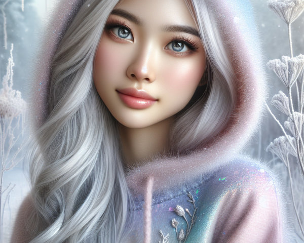 Young woman in pastel hoodie in serene winter setting