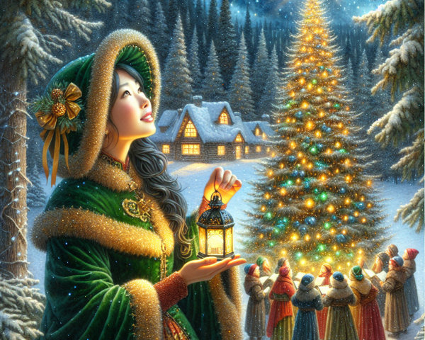 Woman in Winter Cloak in Snowy Holiday Scene