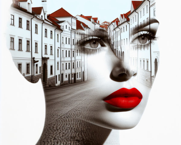 Double Exposure of Woman's Face and Urban Street Scene