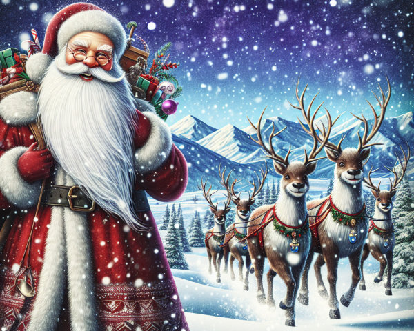 Santa Claus with gifts and reindeer in winter landscape