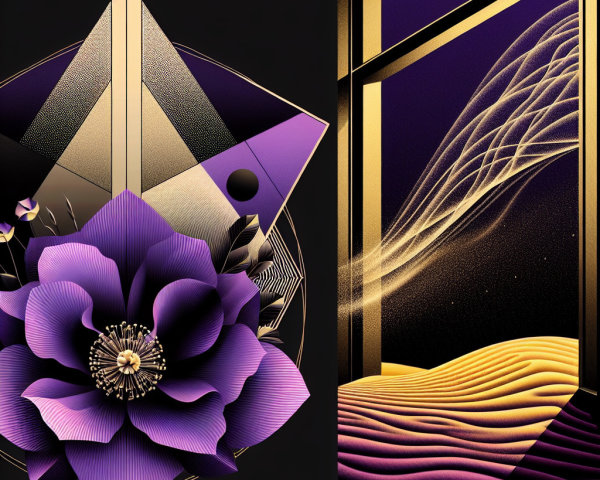 Abstract Art Featuring Purple Flower and Geometric Kite