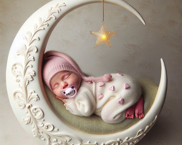 Porcelain Figurine of Sleeping Baby in Crescent Moon