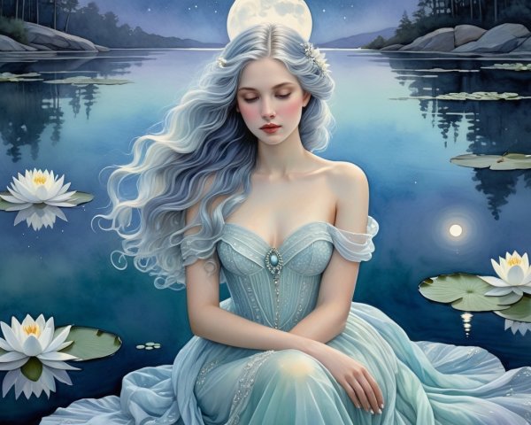 Young Woman by Moonlit Lake with Water Lilies