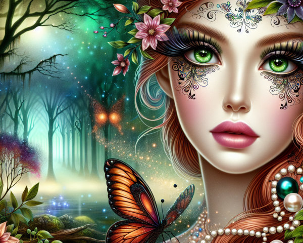 Mystical Woman with Green Eyes in Enchanting Landscape