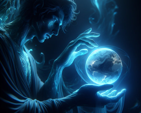 Mystical Figure with Luminous Globe in Blue Light