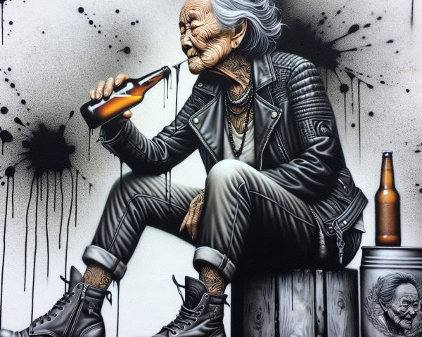 Elderly Woman in Leather Jacket with Beer and Graffiti