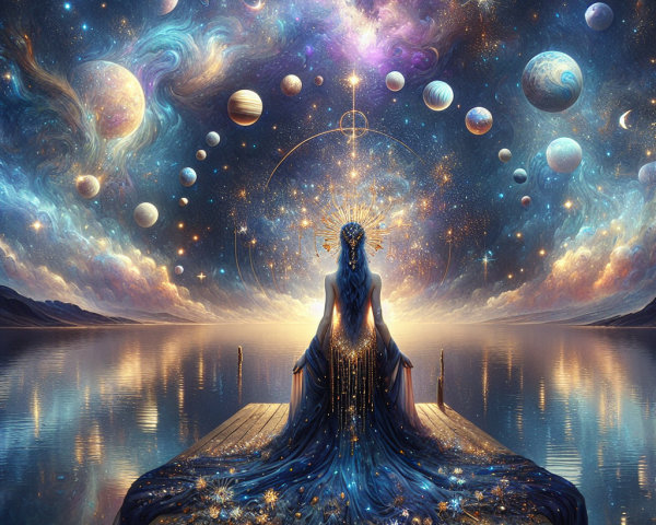 Serene Figure by Tranquil Lake Under Vibrant Galaxies