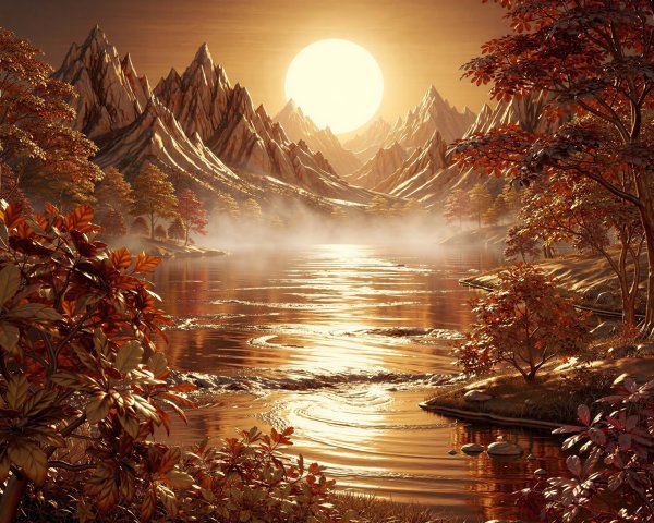 Digital Painting of River in Mountainous Sunrise Landscape