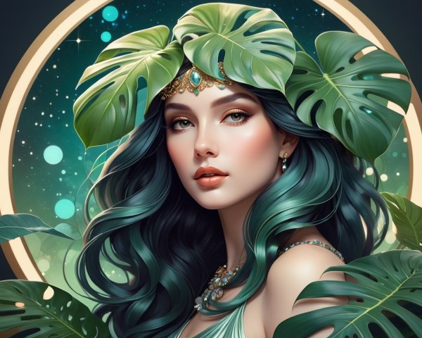 Woman with Teal Hair and Leaves in Ethereal Setting