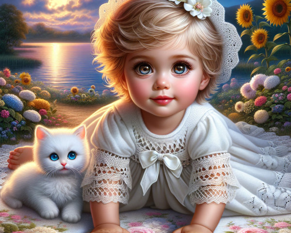 Toddler with Kitten by Lake at Sunset with Flowers