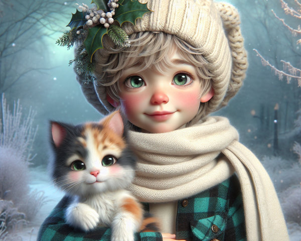 Cheerful Child in Snowy Landscape with Kitten