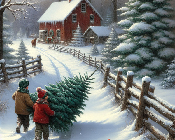 Children Carry Christmas Tree in Winter Landscape