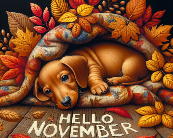 Sleepy Puppy Under Cozy Blanket in Autumn Leaves