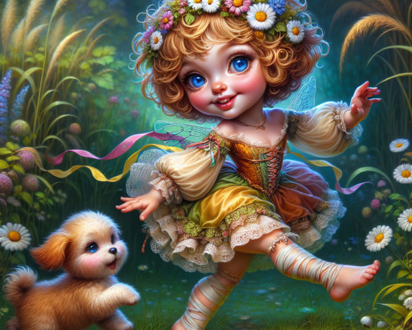Joyful girl dancing in a colorful dress in a garden