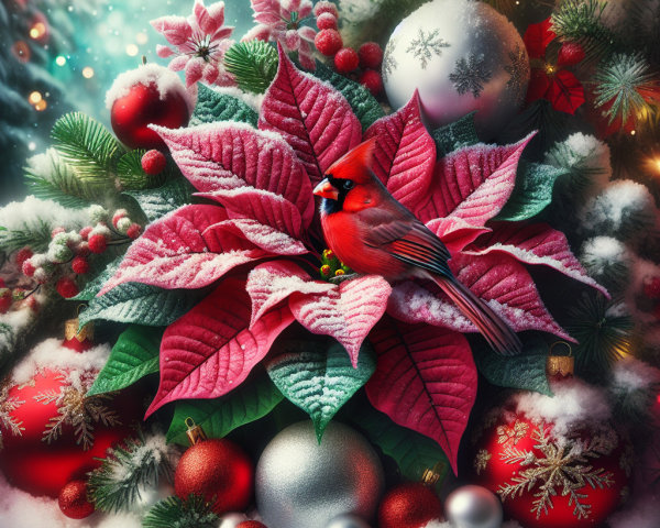 Red Cardinal on Pink Poinsettia with Holiday Decor