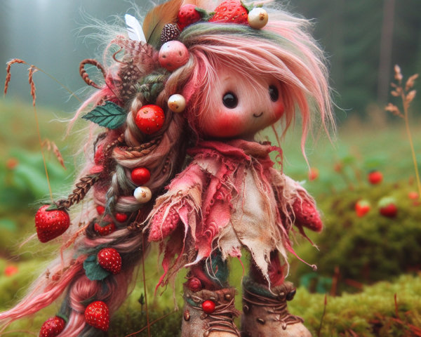 Whimsical Doll Surrounded by Moss and Strawberries