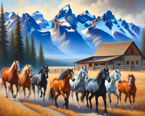 Horses Running in a Golden Meadow with Mountains