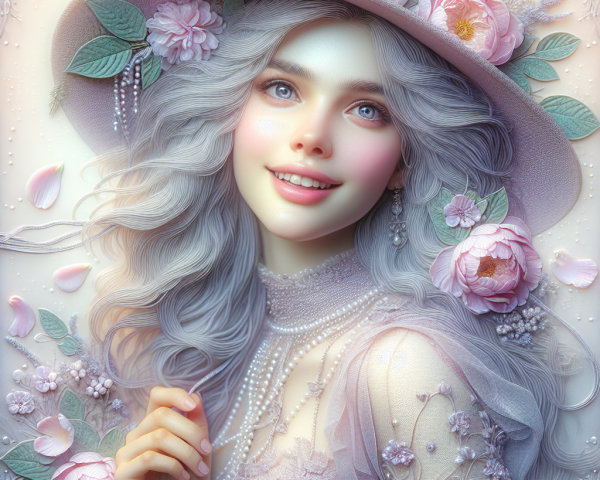 Young Woman in Pastel Dress with Floral Hat
